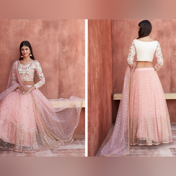 Light Pink Floral Embroidered Net Lehenga - Picture 2 of 2